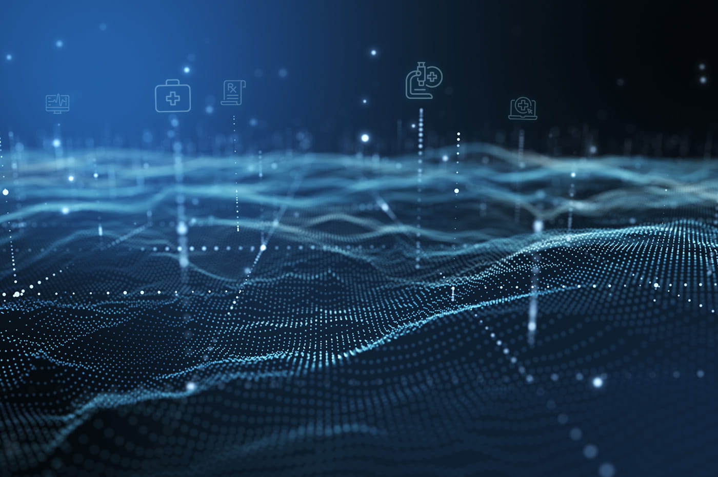 Abstract data points and data waves with various technology icons.