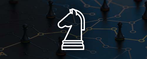 Knight chess piece icon on abstracted chessboard background.