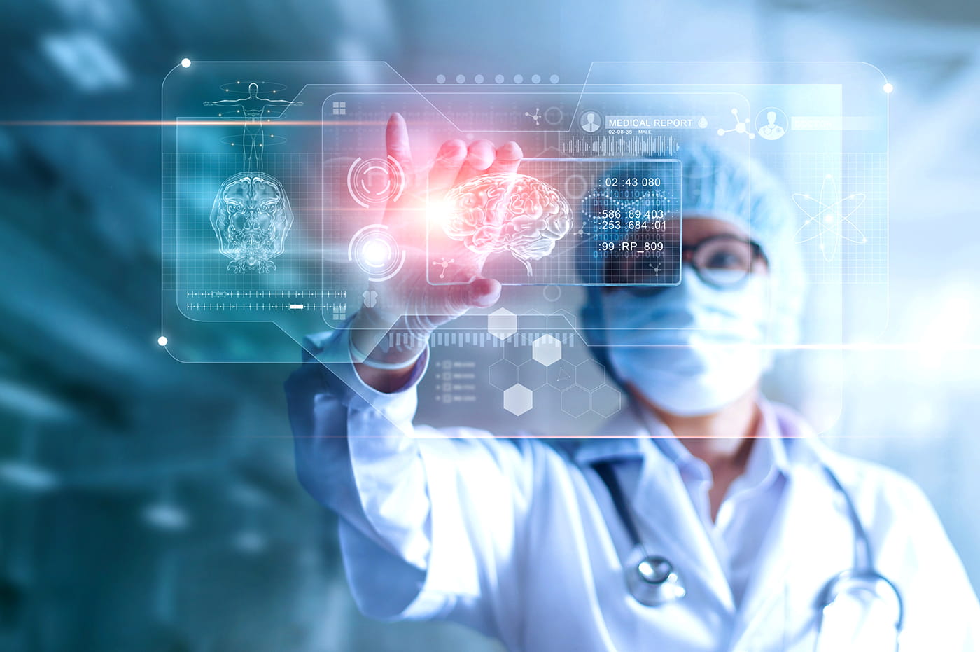 Healthcare working with data and scans in an augmented reality scenario.