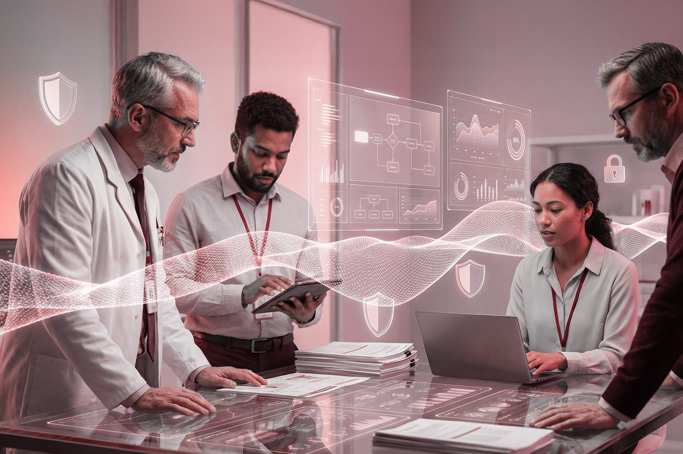 A team brainstorming and working using AI.