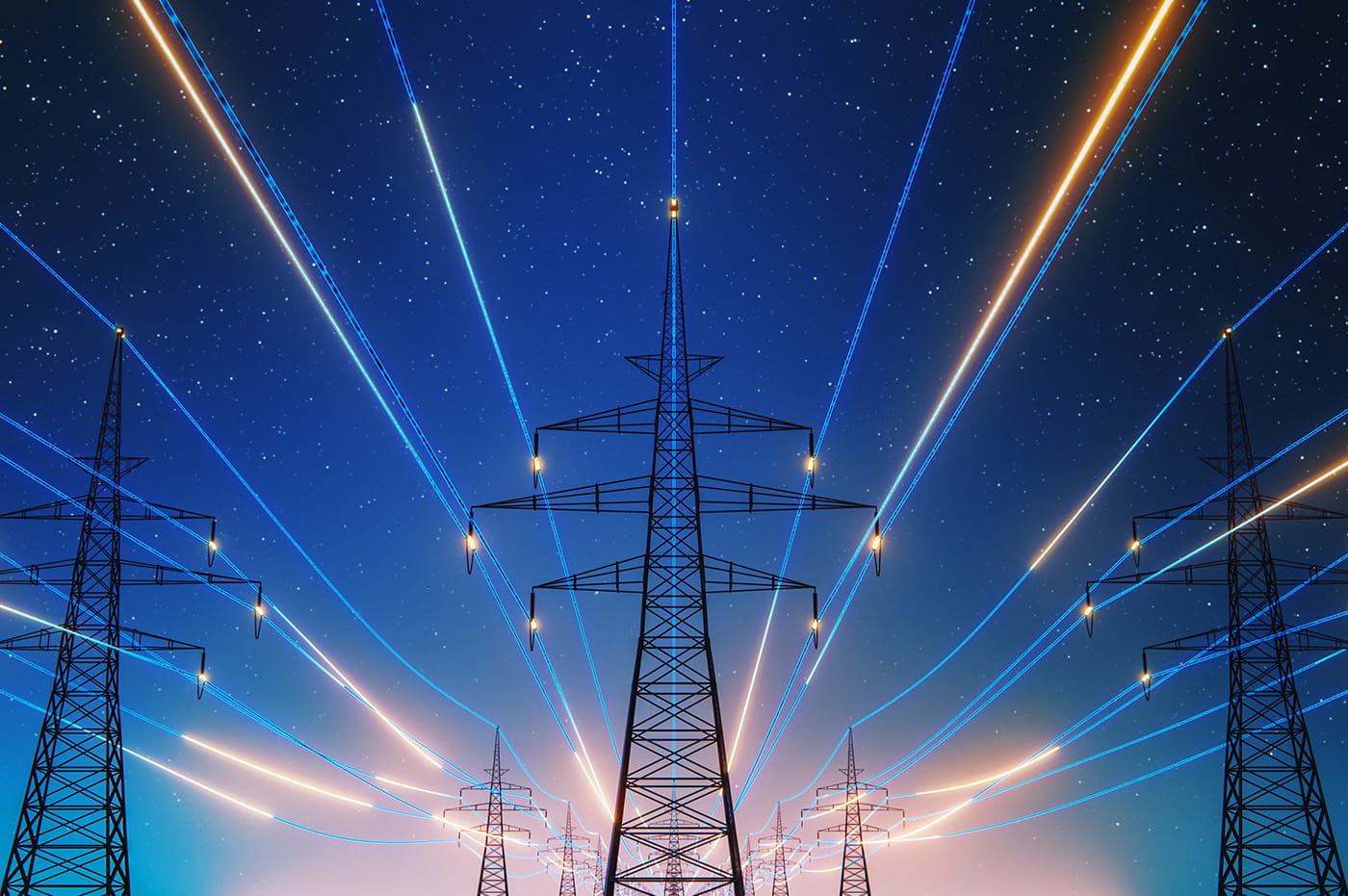 Energy towers radiating beams of light