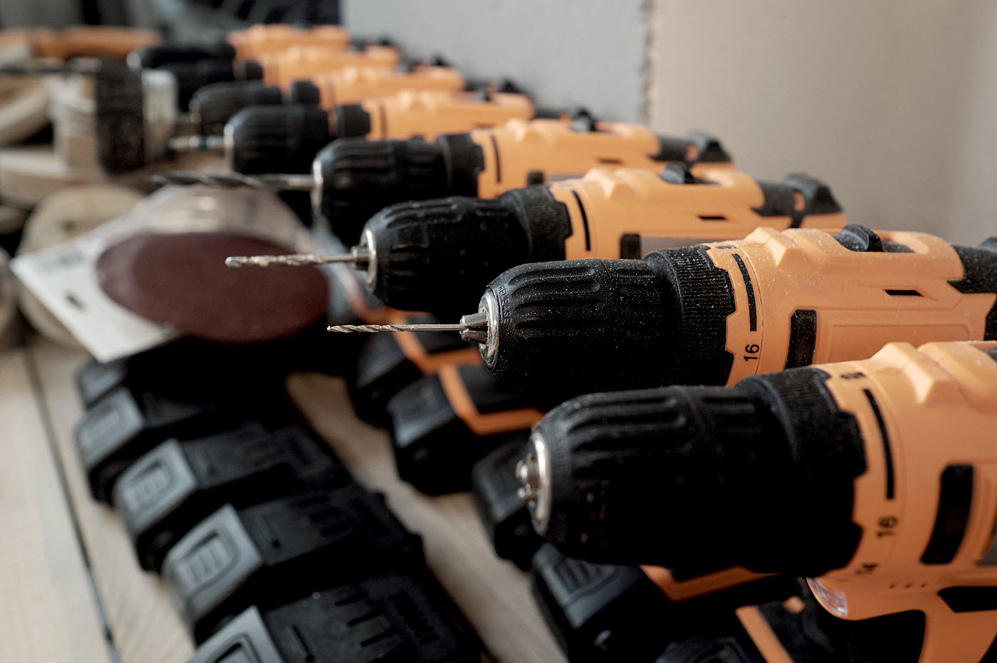 A row of electric drills.
