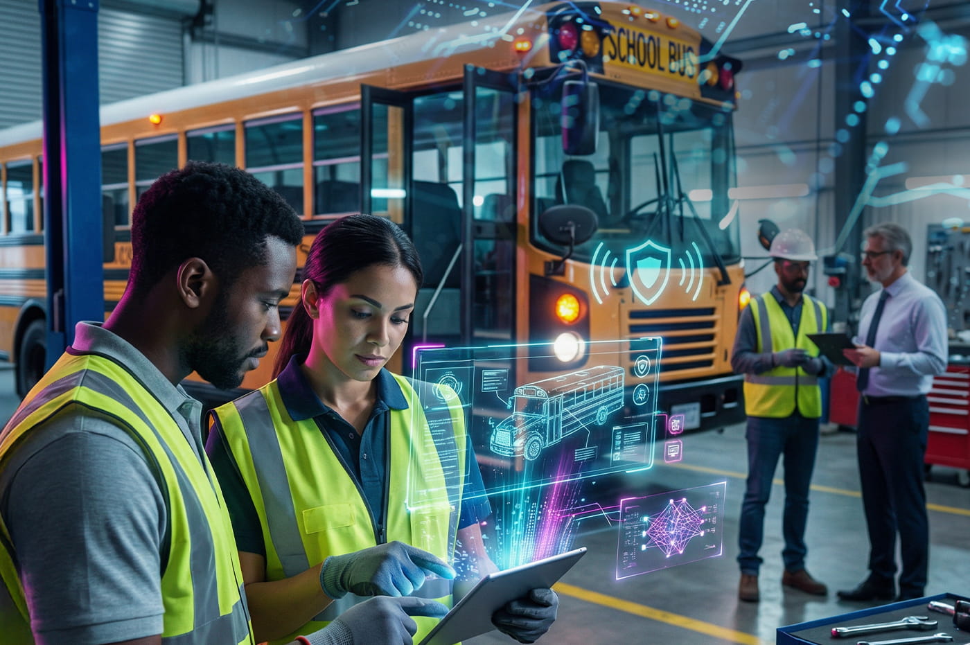 Automotive manufacturing workers using AI.