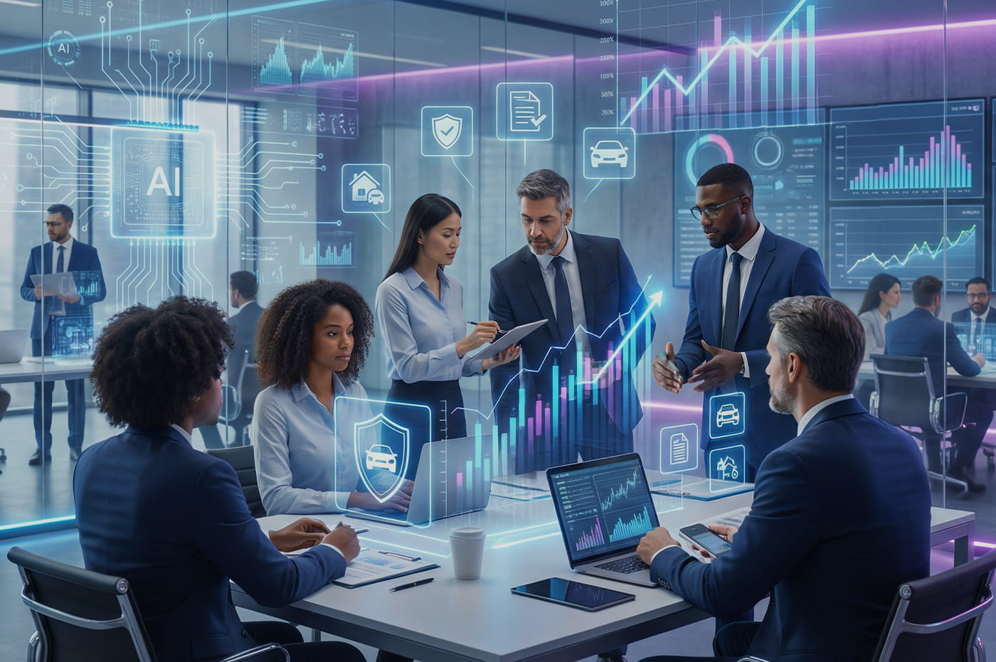 Office workers analyzing data and using AI.