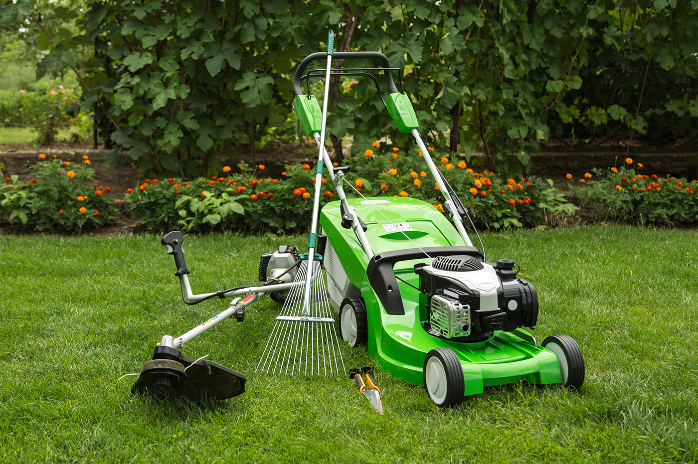 A lawnmower and lawncare tools.