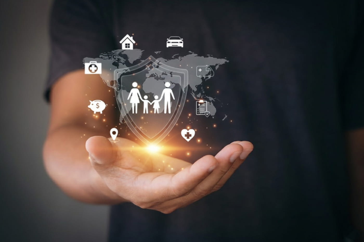 Family icon in a globe floating over a hand