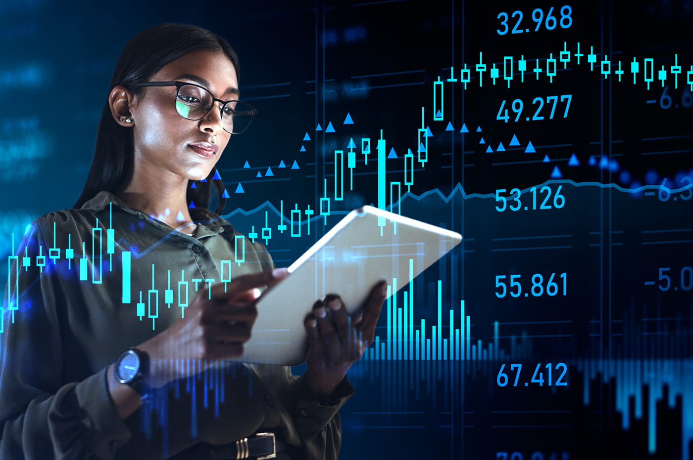 Woman looking at a tablet with graphs floating around her.